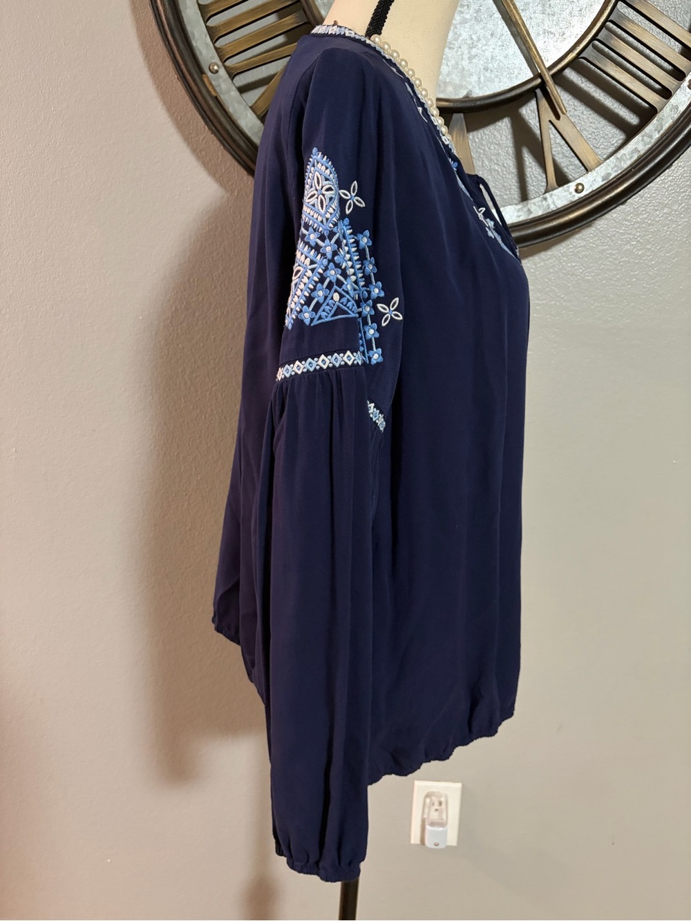 Southern Tide Embroidered Navy Peasant Blouse with Tassel Ties - Picture 5 of 9
